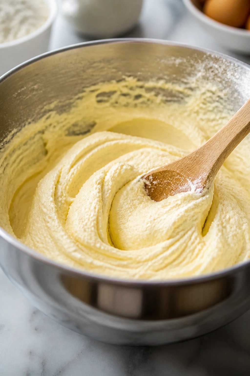 Pale fluffy cake batter in a bowl being mixed