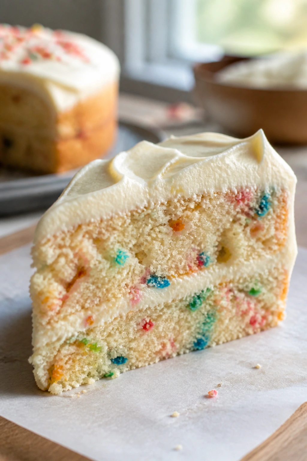 Close-up of fluffy candy-pop cake slice with pale vanilla crumb and candy flecks in cream cheese frosting