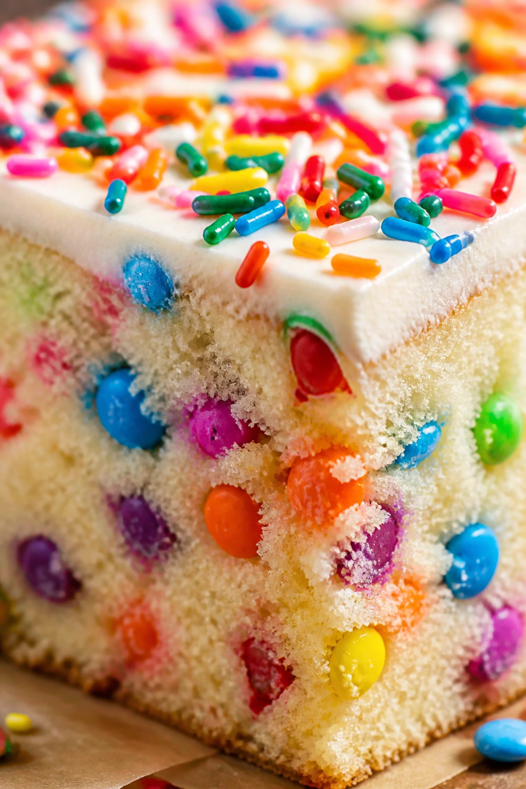 Festive cake slice with candy and sprinkles