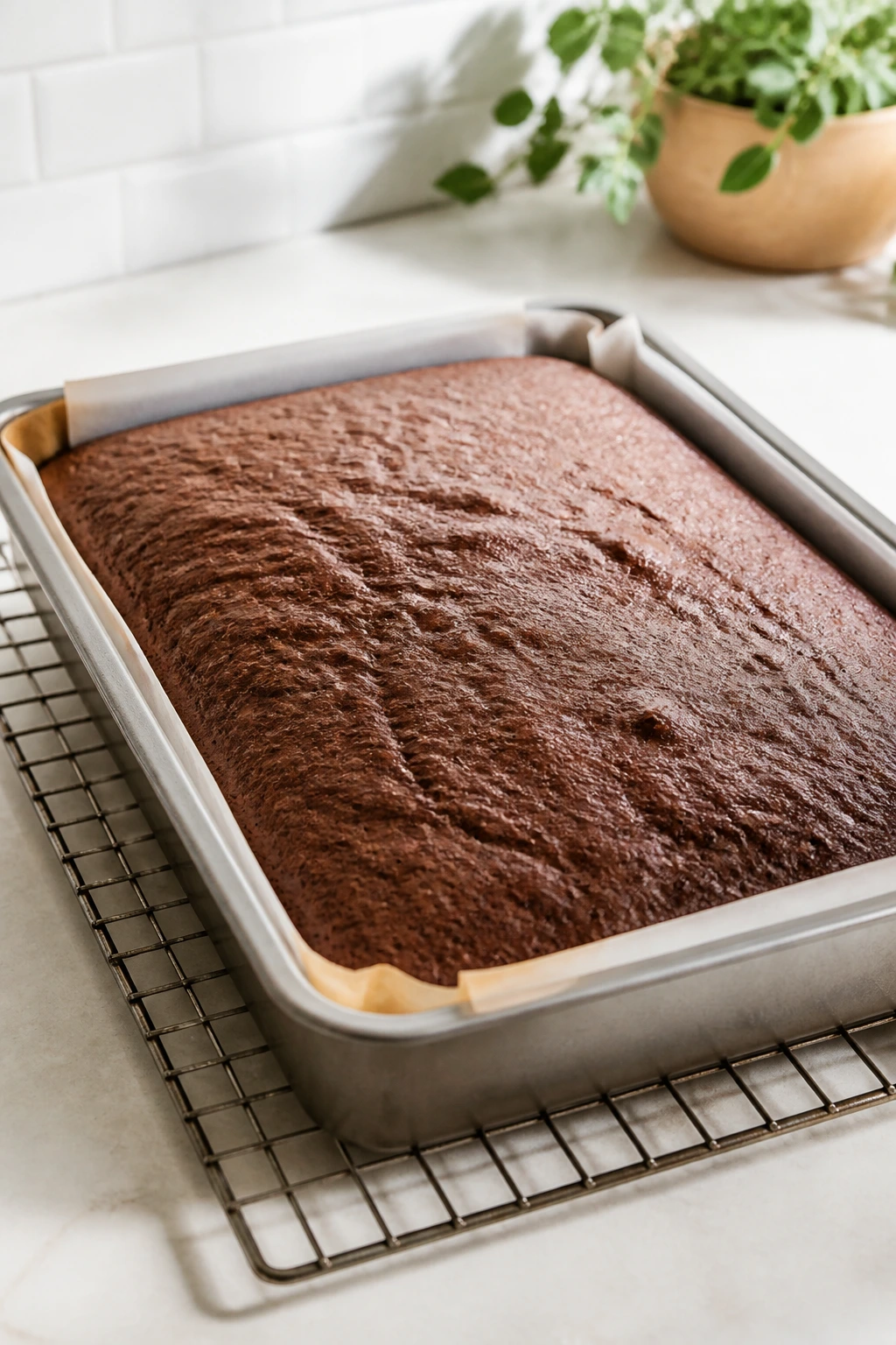 Chocolate cake cooling in a metal pan on a wire rack