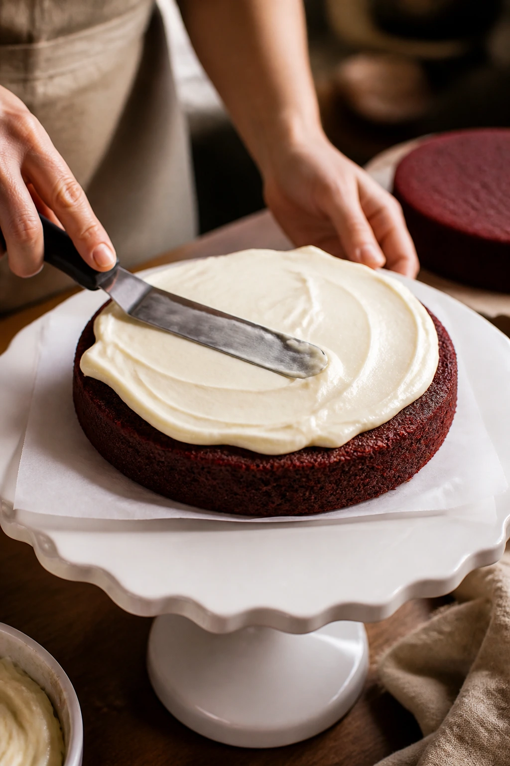 Cake layer being spread with frosting on a cake stand