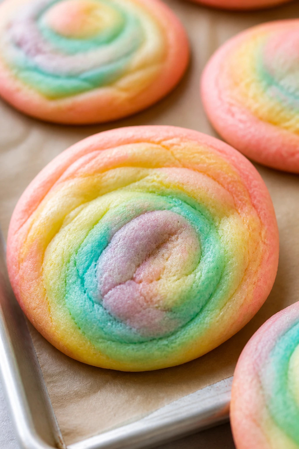 Close-up pale cake flour rainbow cookie on parchment