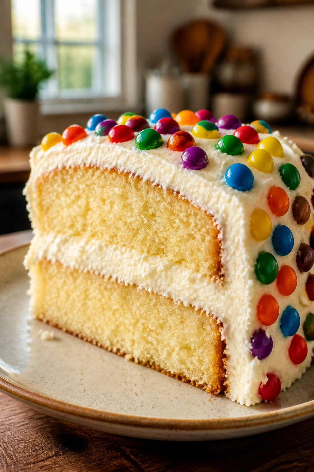 Close-up of a cake slice with cream cheese frosting and candy toppings on a kitchen counter