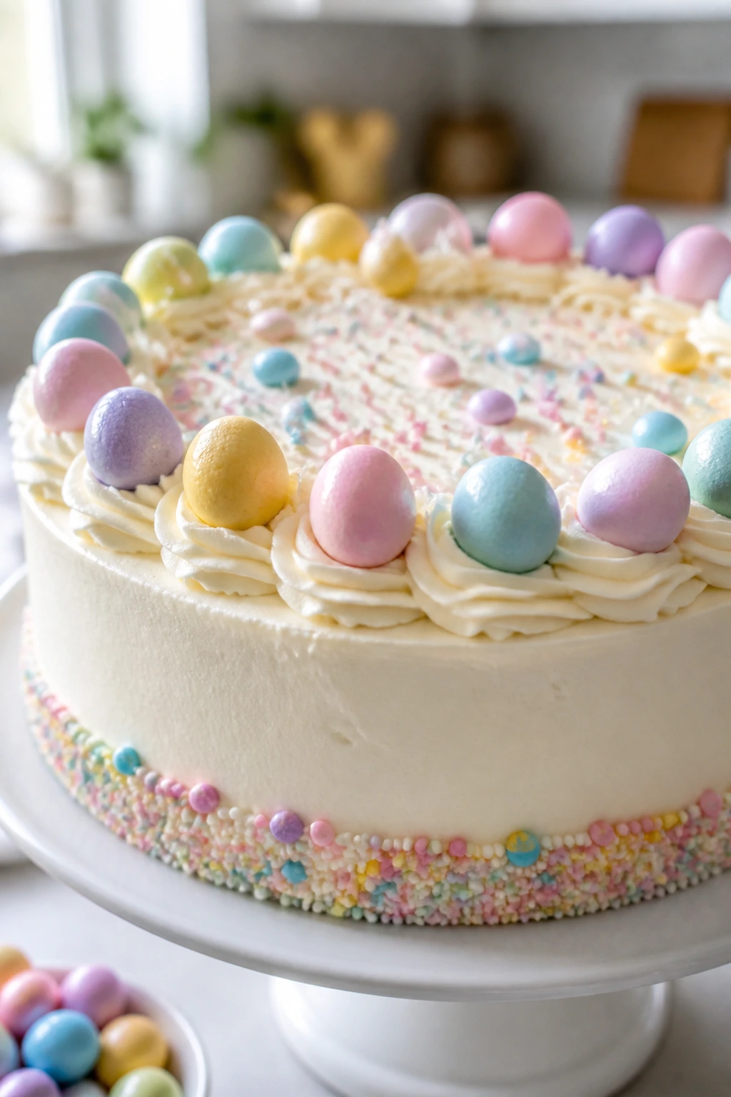 Pastel candy-decorated cake with smooth frosting on a stand.