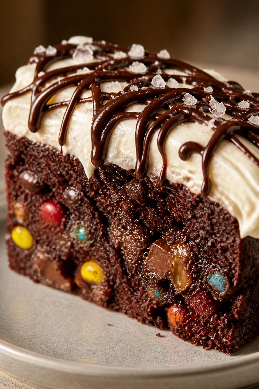 Chocolate cake slice with cream cheese frosting, chocolate drizzle and flaky salt