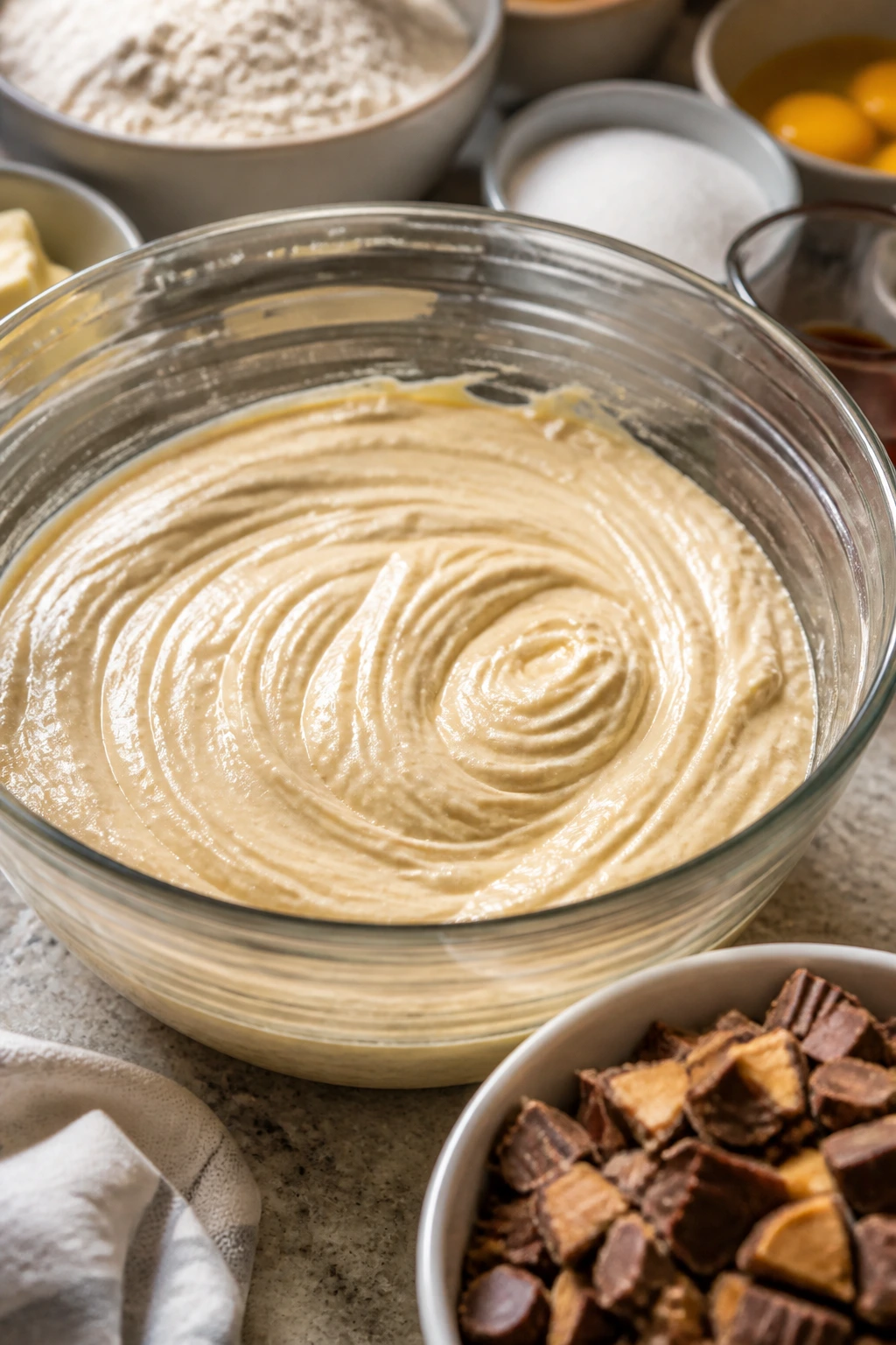 Mixing bowl with glossy chocolate batter on a kitchen counter with dry ingredients nearby