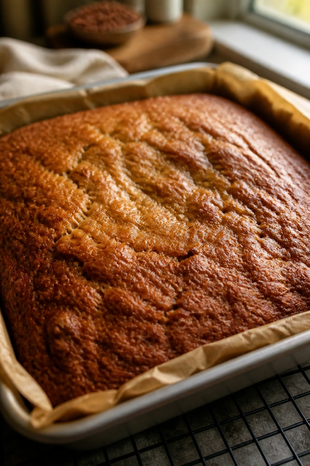 Golden cake cooling on a wire rack in a warm kitchen