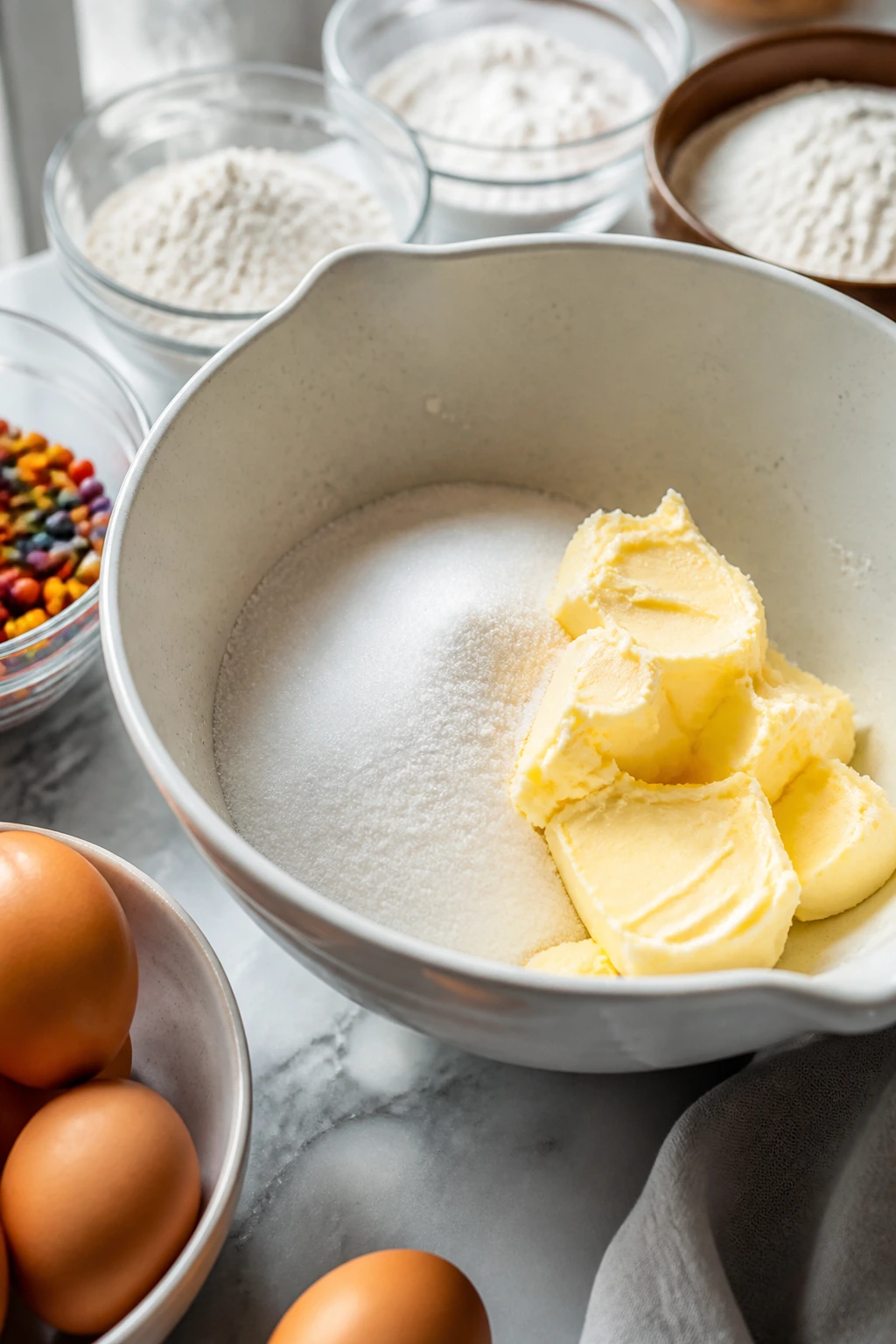 Close-up of cake ingredients ready for mixing on a bright kitchen counter