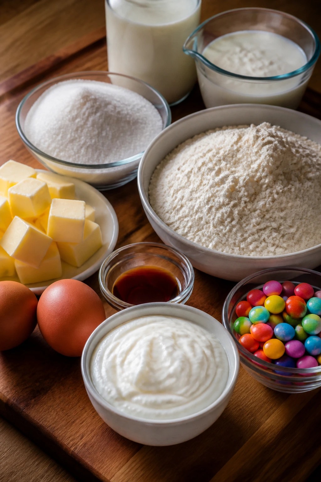 Close-up still-life of cake ingredients on a wooden board