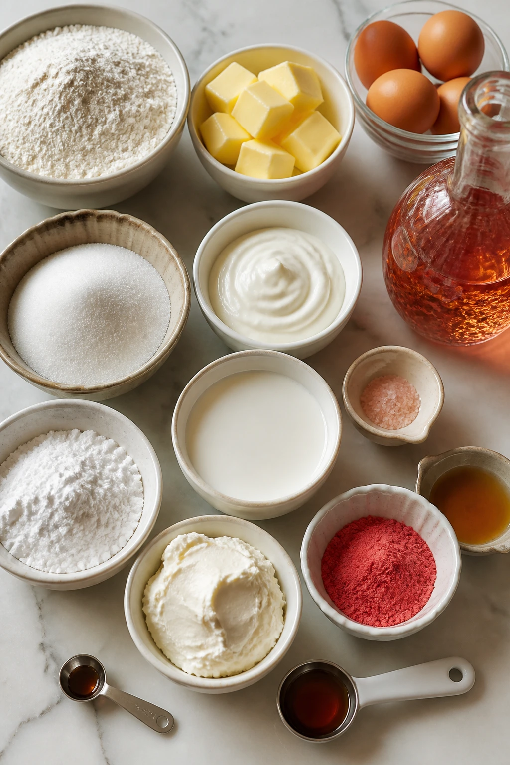 Overhead view of ingredients arranged for champagne cake components