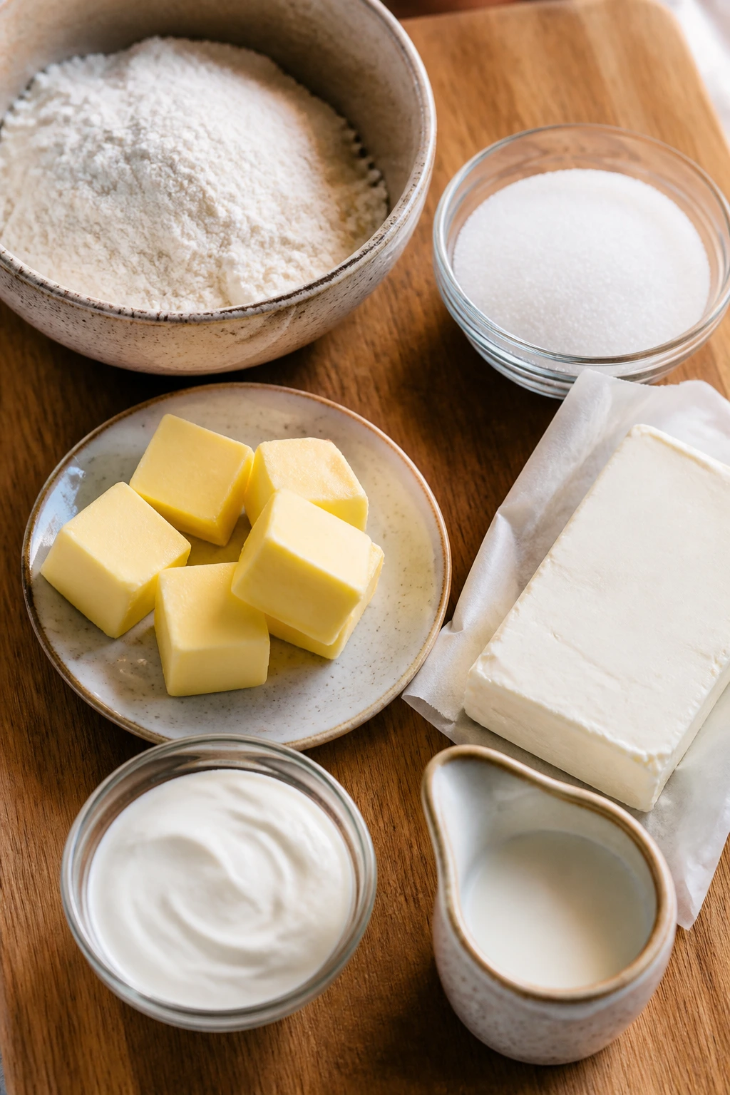 Top-down view of ingredients for cake and frosting on wood board