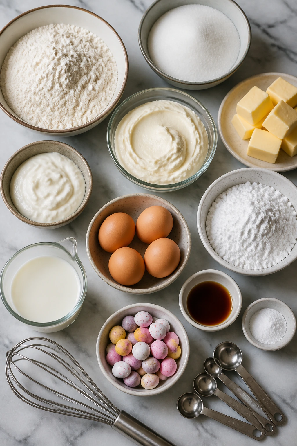 Top-down view of cake and frosting ingredients arranged on marble countertop