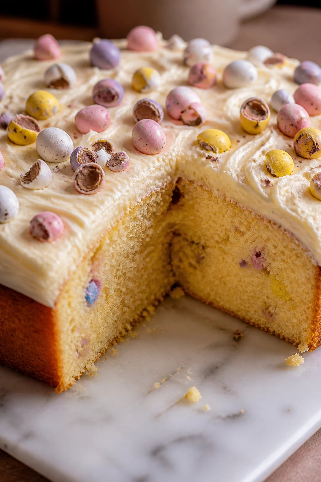 Close-up of vanilla sheet cake with few slices removed to show crumb