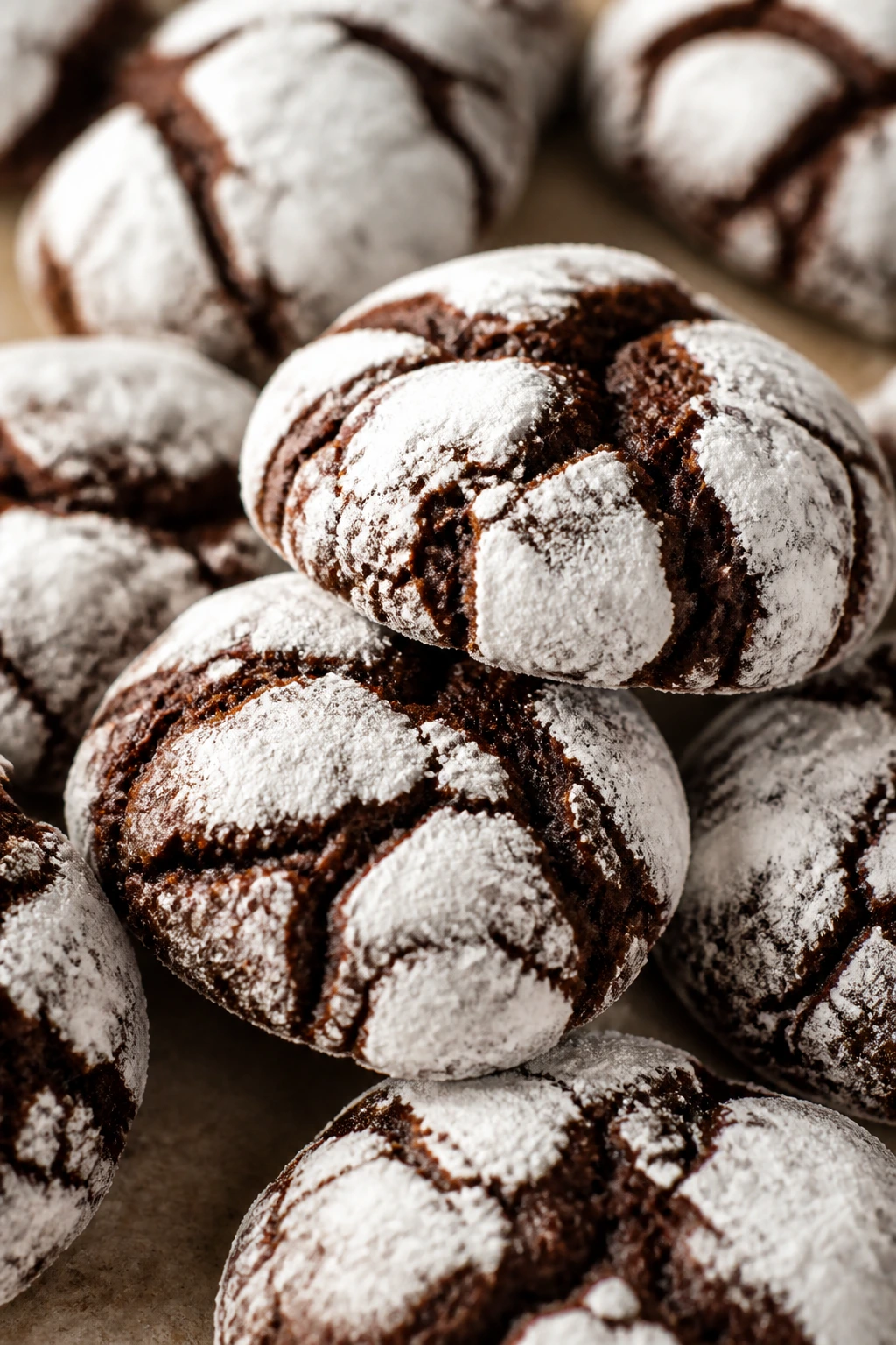 Crinkle cookies from cake mix with powdered sugar shells filling the frame