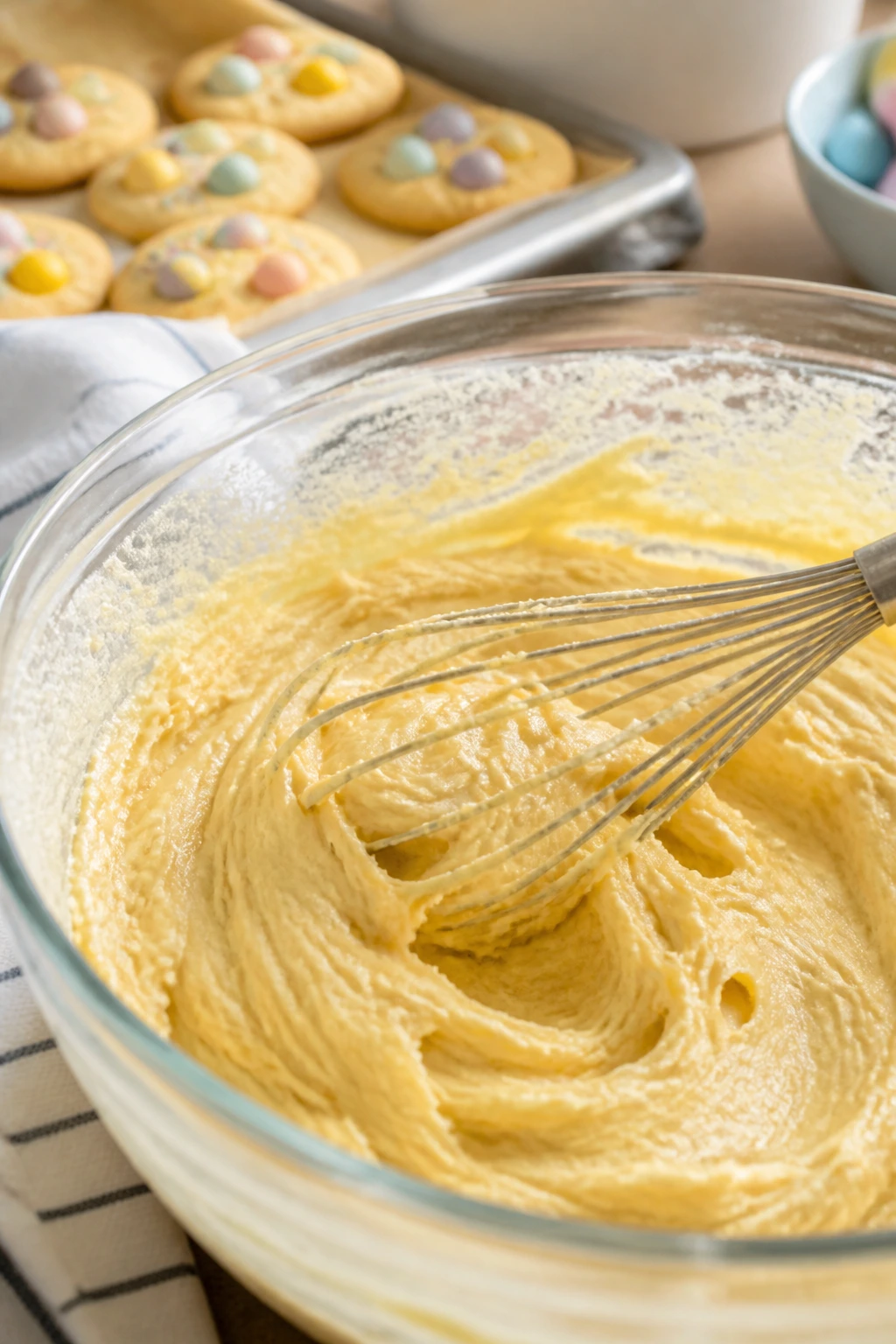 Bowl of pale cake mix batter with a whisk in a warm kitchen