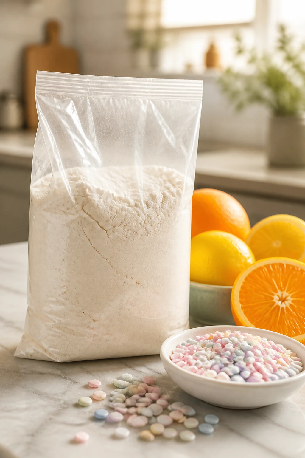 Close-up of cake mix bag with citrus and sprinkles on a kitchen counter