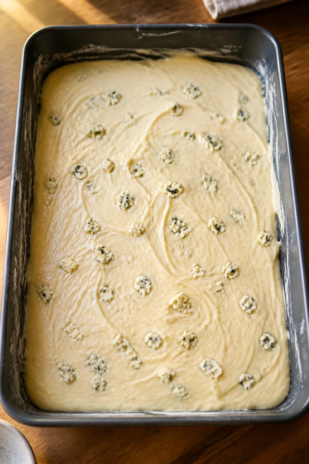 9x13 baking pan filled with pale cake batter