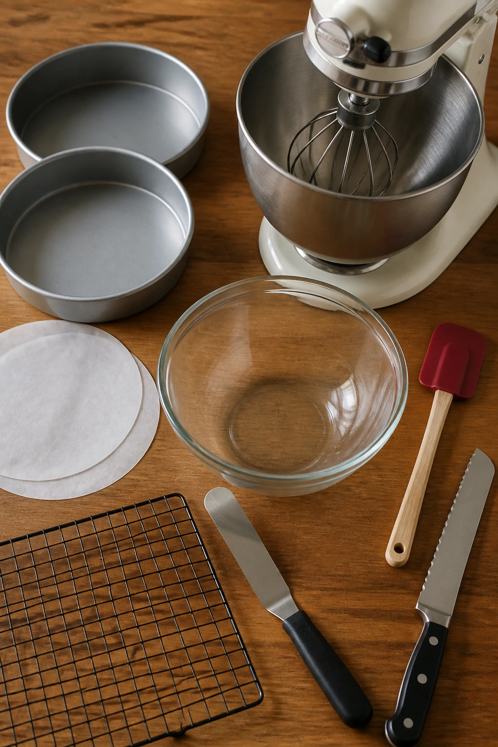 Essential baking tools for red velvet cake lined up on counter.