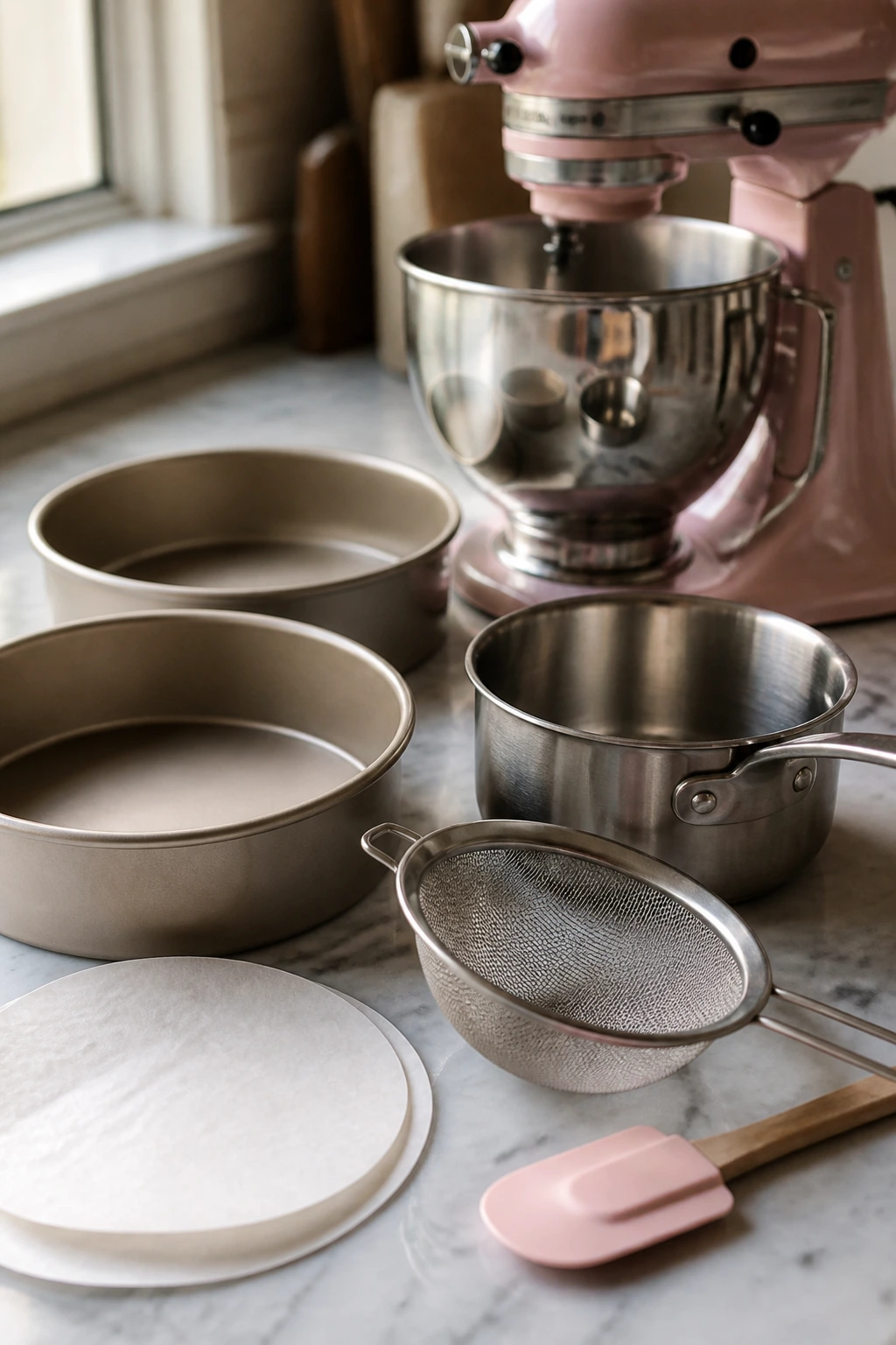 Kitchen tools including pans and mixer arranged on counter