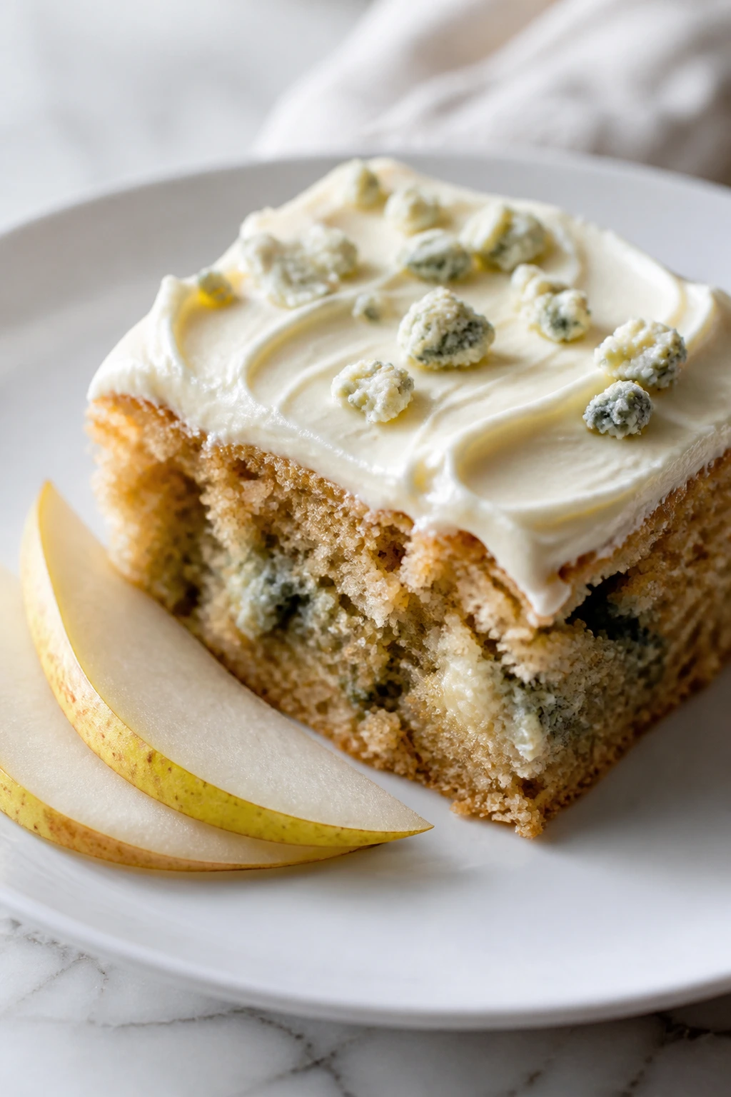 Plated cake square with pear slices on a white plate