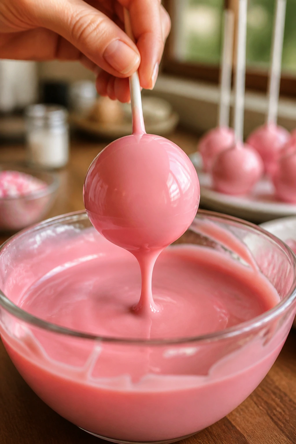 Pink cake pop being dipped into glossy coating