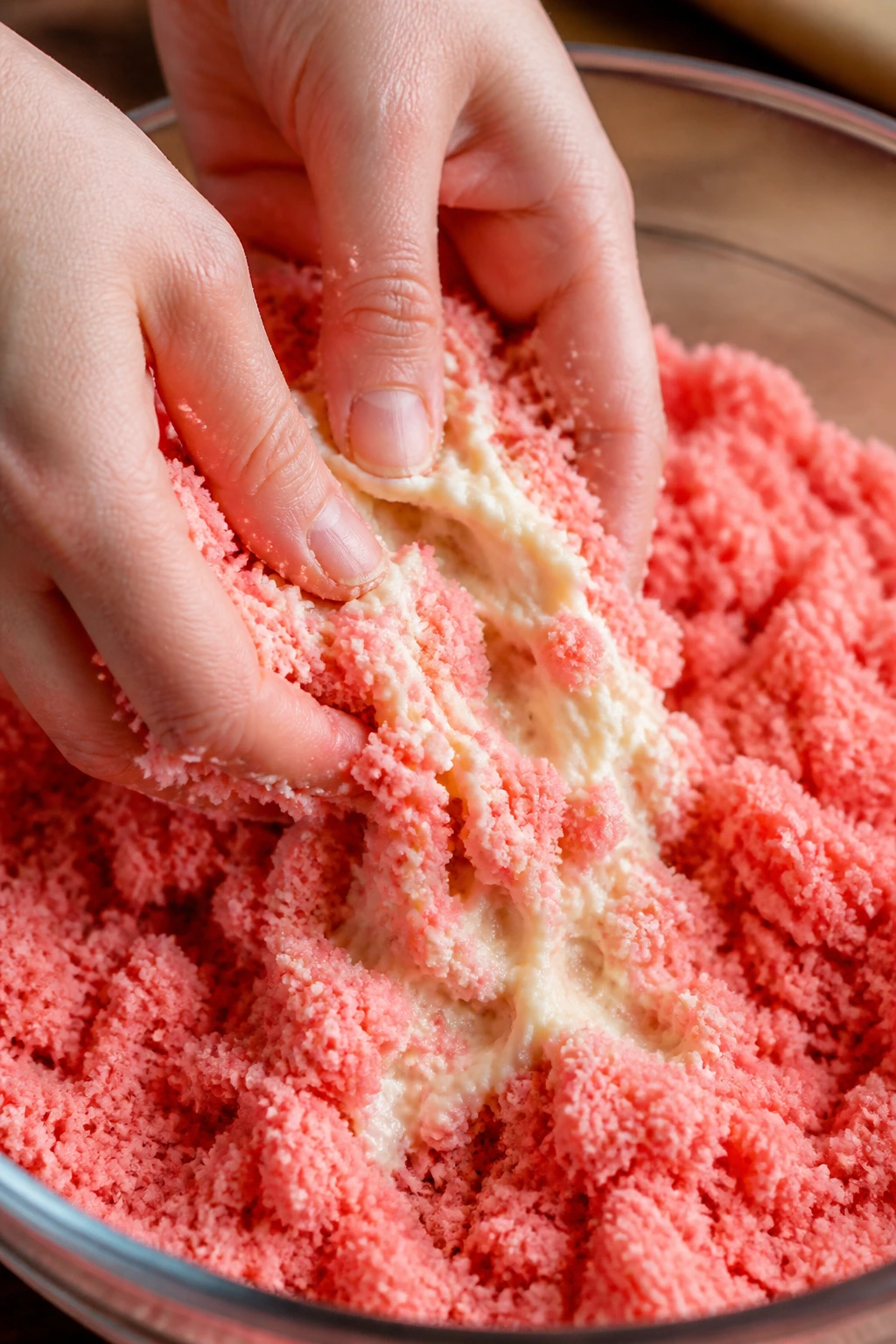 Hands folding frosting into crumbled pink cake to form dough