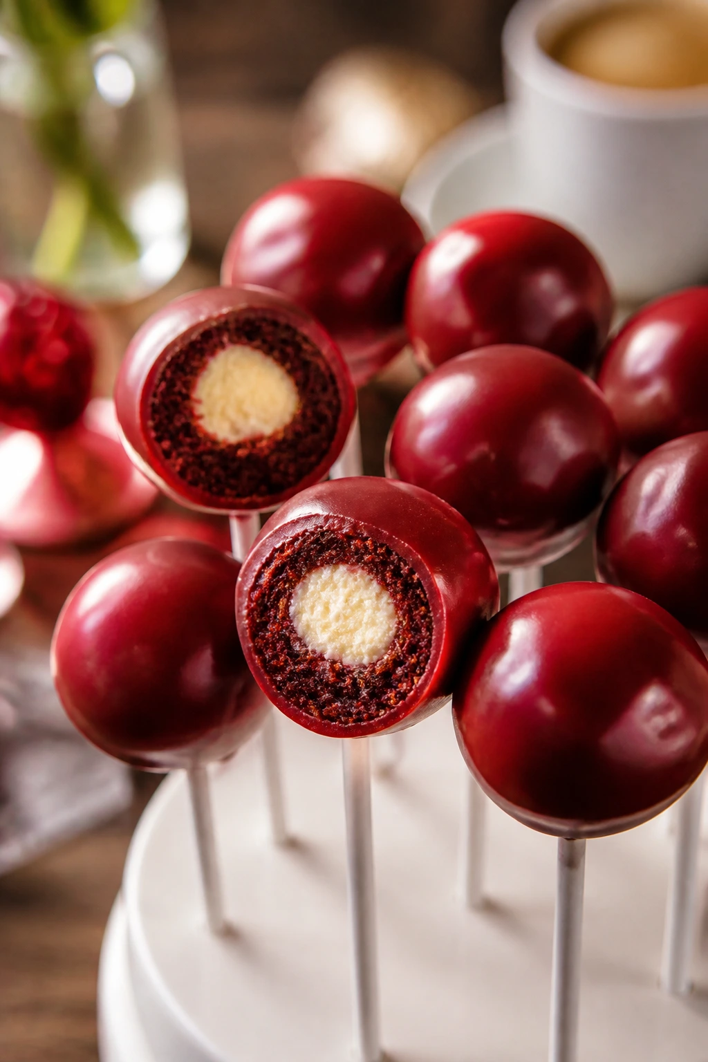 Close-up of red velvet cake pops with cream cheese centers on sticks