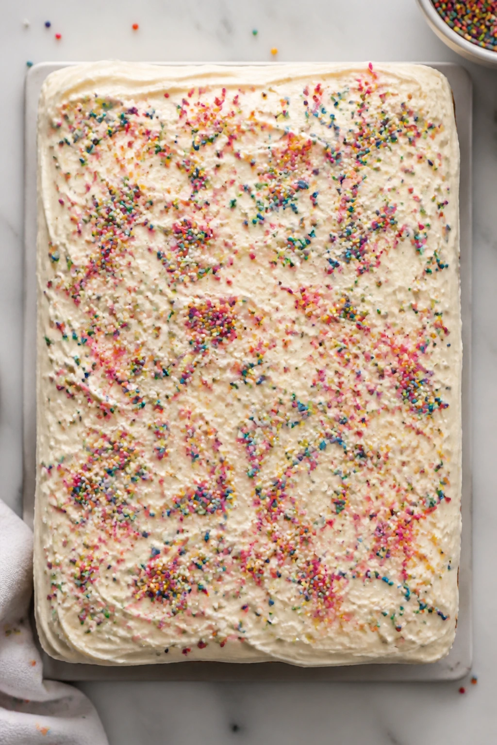 Rectangular sheet cake with rainbow sprinkles on frosting