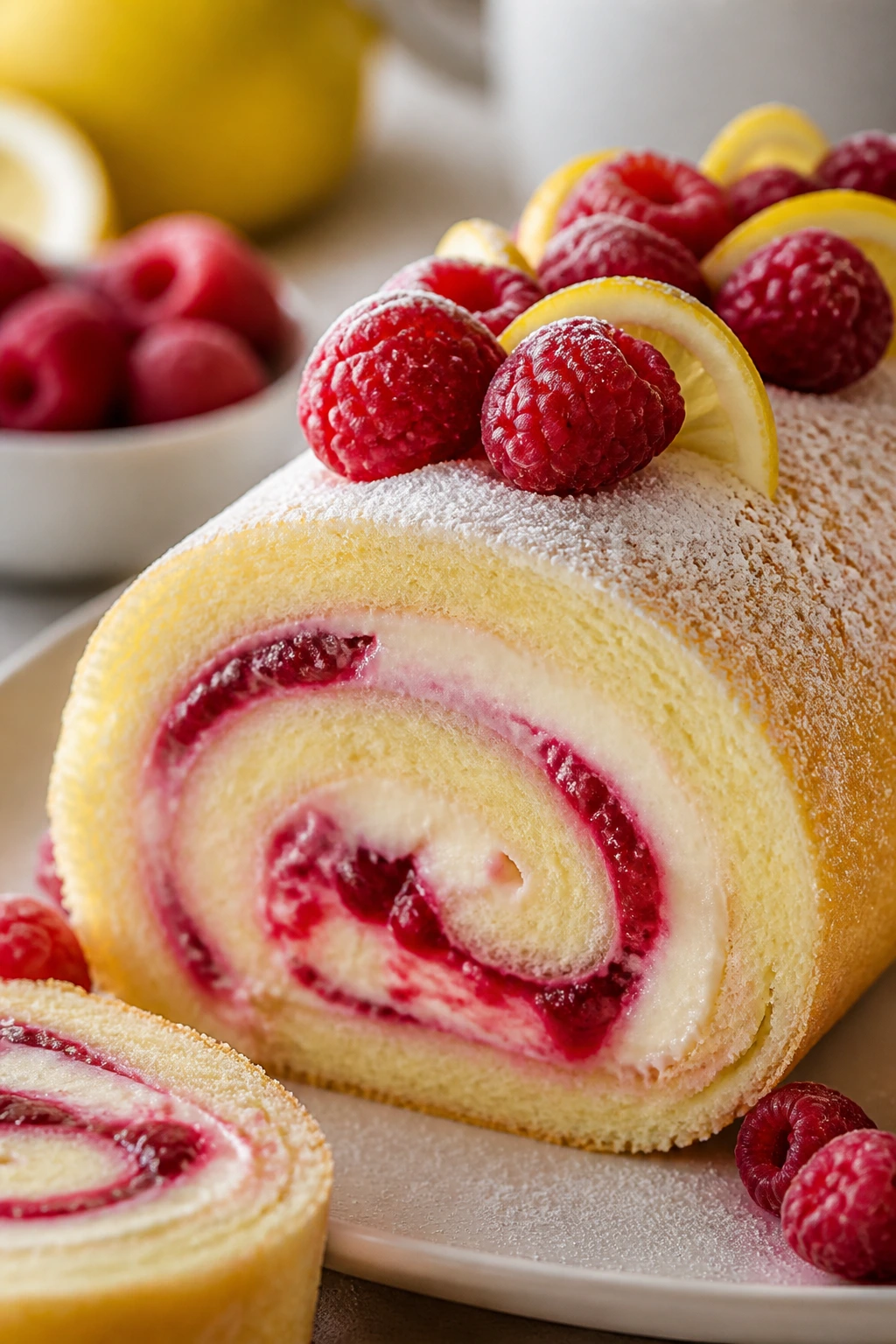Slice of lemon raspberry cake roll with visible spiral filling