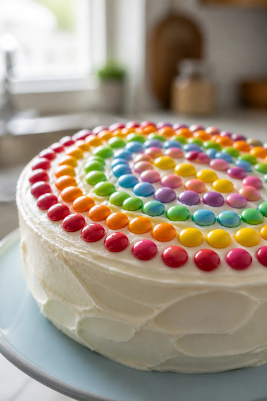 Cake with candy on top neatly arranged on a plate in a bright kitchen