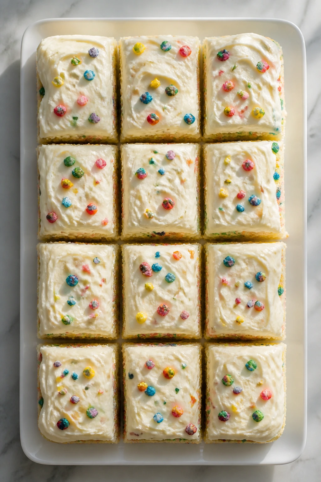 Top-down view of cake slices arranged on platter with rainbow candy on frosting