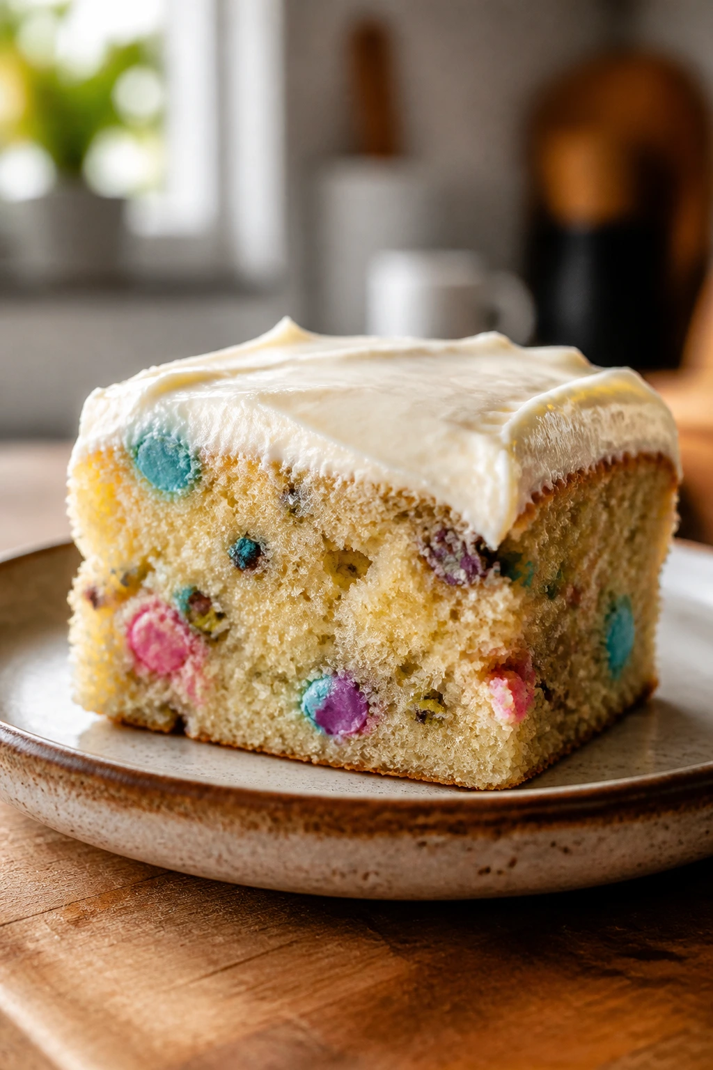 Close-up of a moist cake slice with cream cheese frosting on a rustic plate