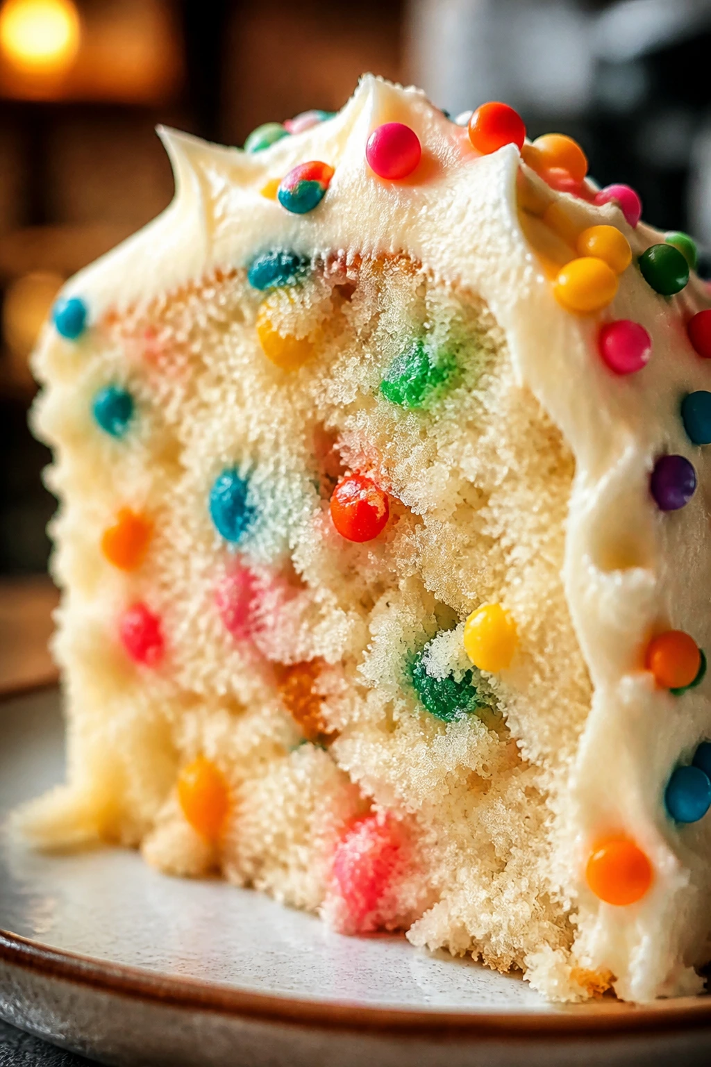 Slice of cake showing tender crumb and tangy cream cheese frosting