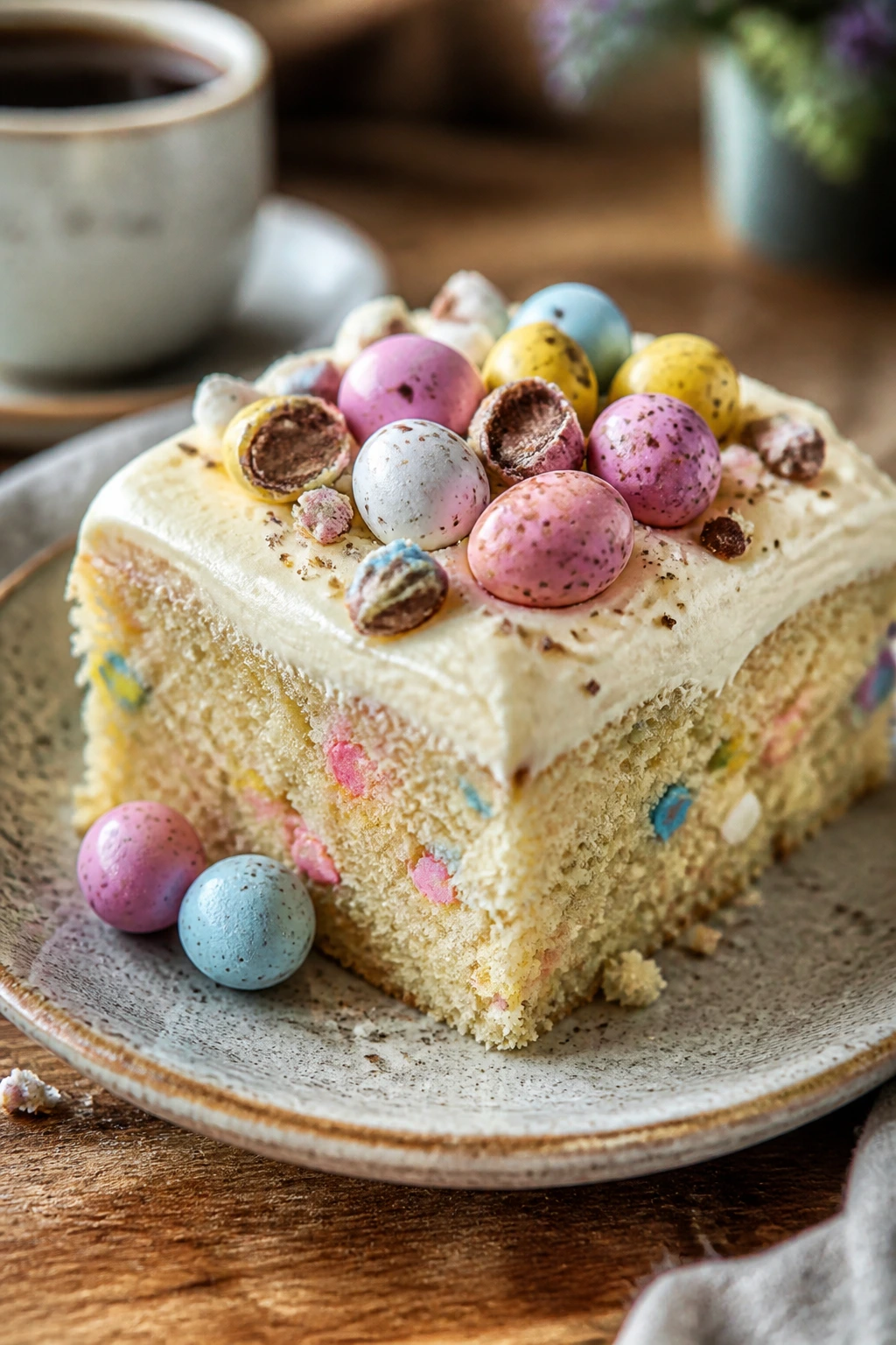 Plated cake slice with frosting and candy eggs on a rustic plate