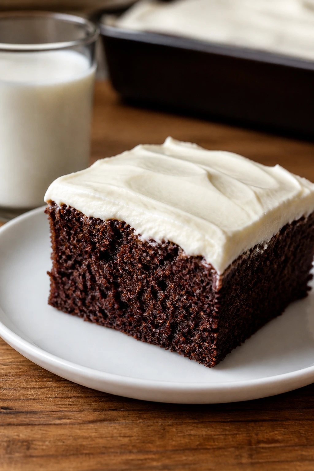 Close-up of a slice of frosted chocolate cake on a plate with milk on a wooden table