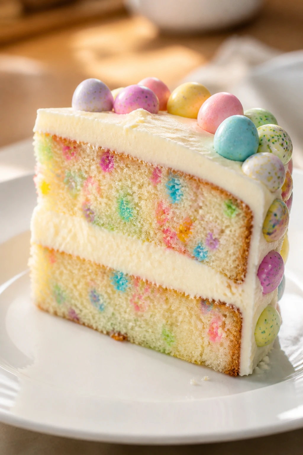 Neatly sliced pastel candy cake on a white plate.