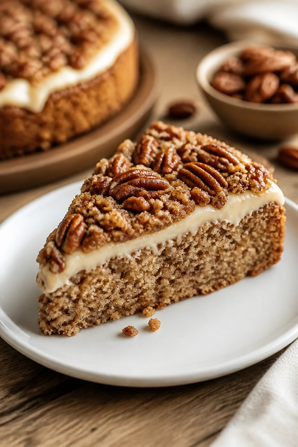 A single slice of cake on a white plate with a ridged pecan top