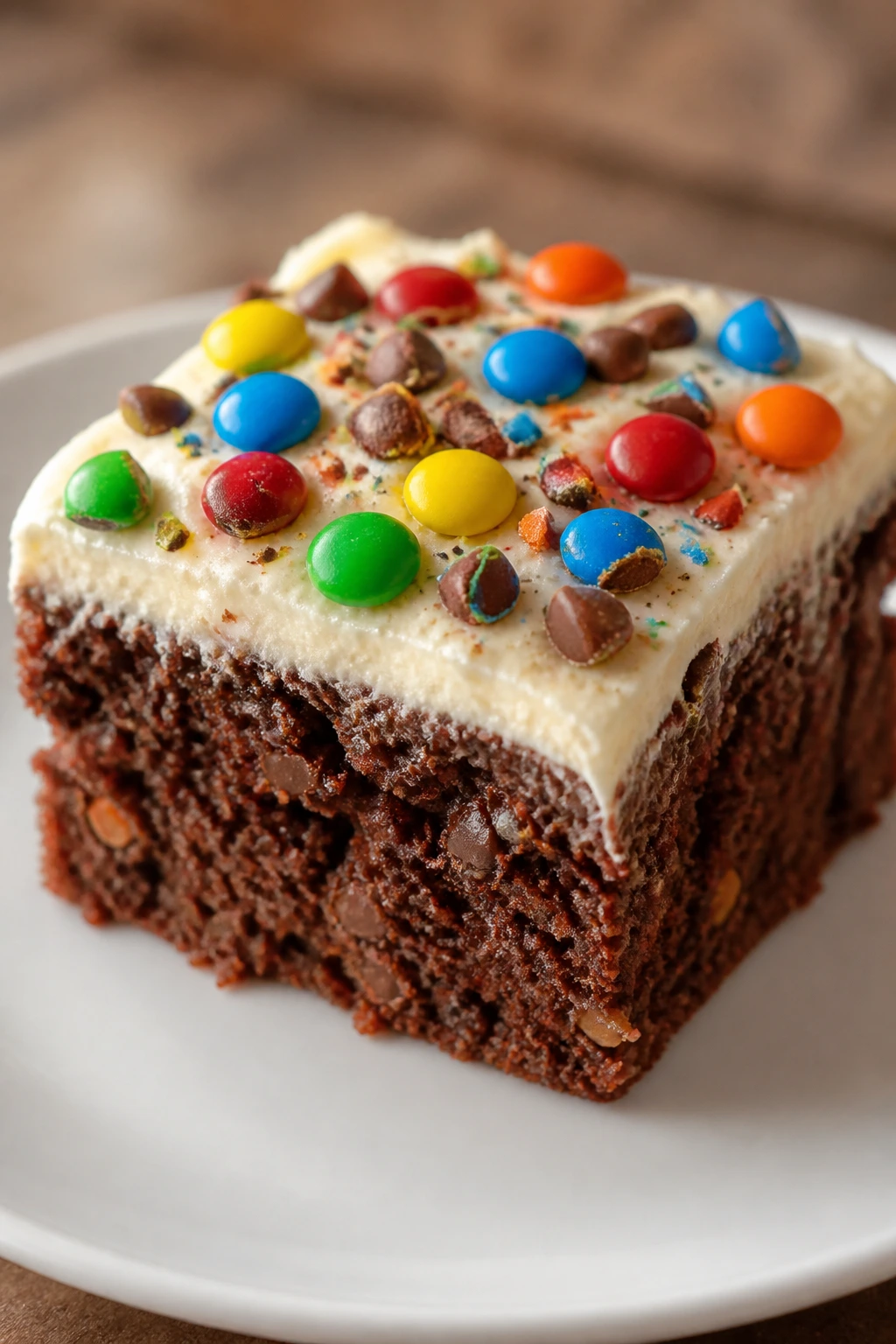 Single square of candy-topped chocolate cake on a plate with neat edges