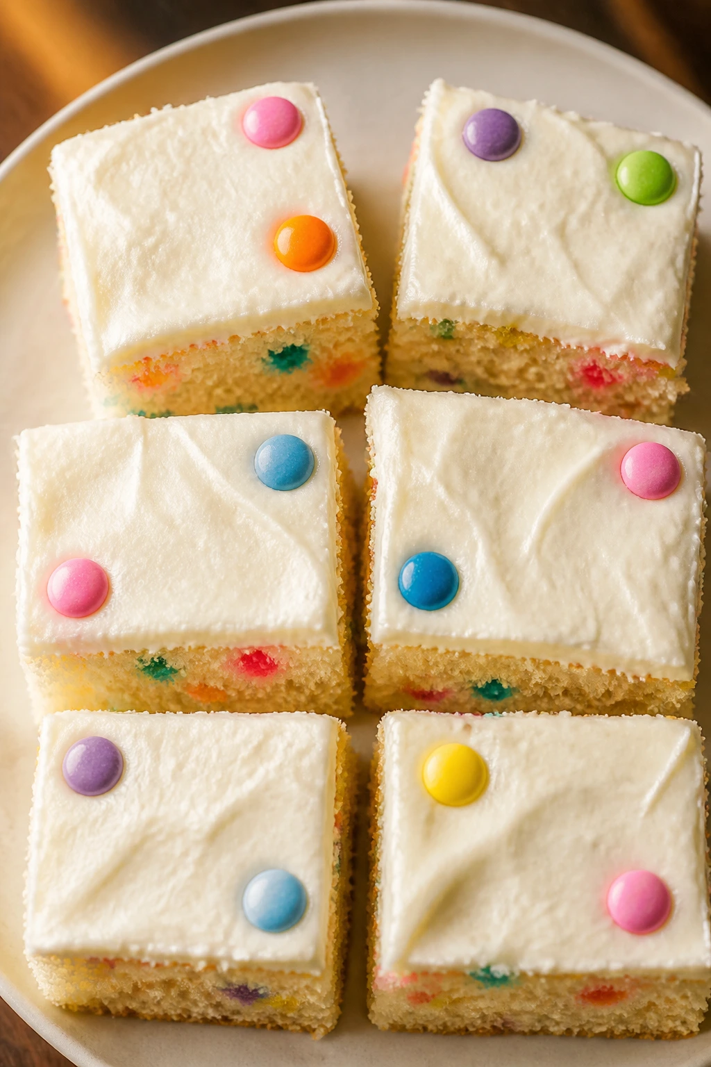 Neatly cut cake squares with frosting on a plate in a cozy kitchen