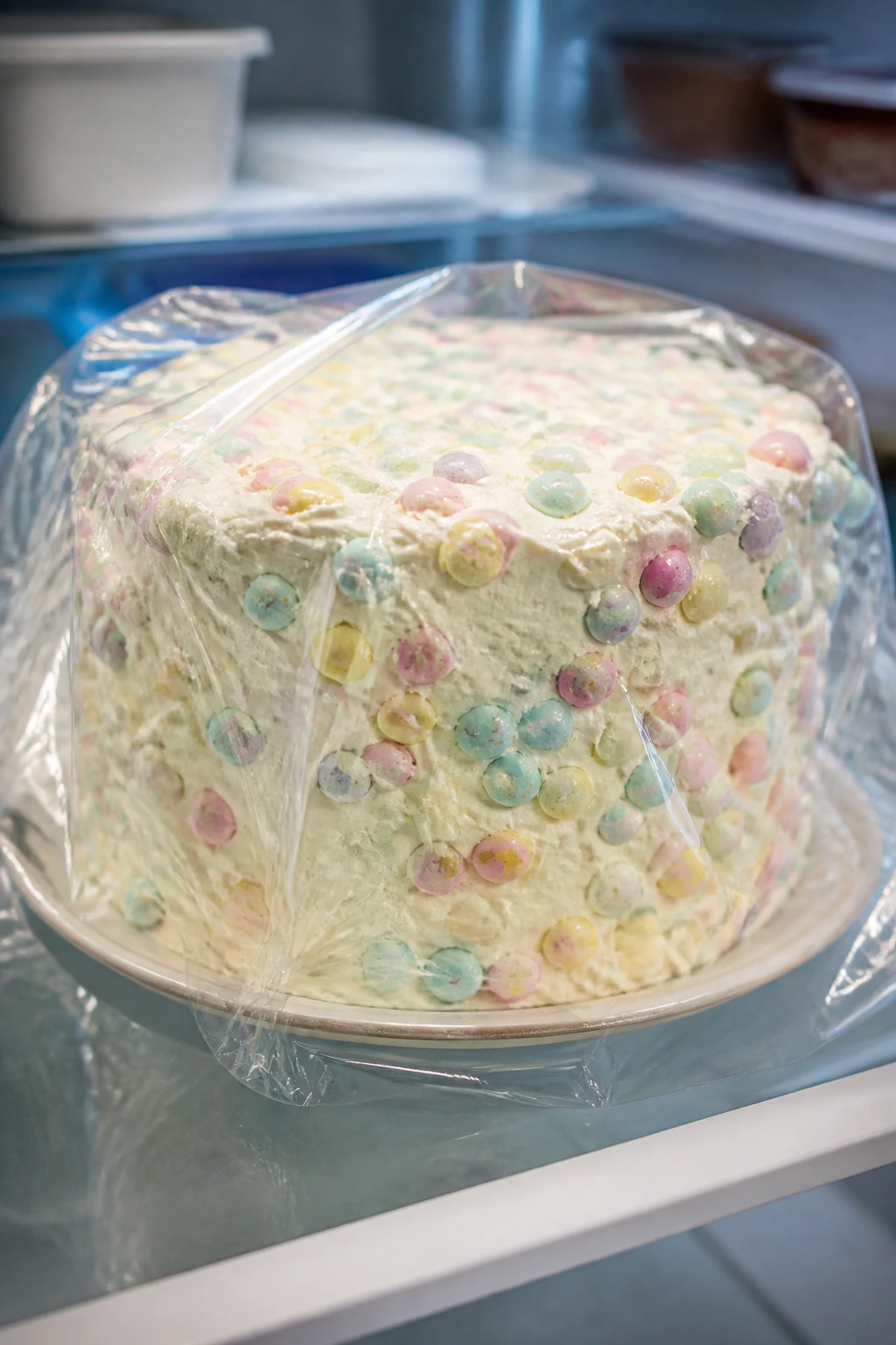 Pastel candy cake stored in fridge with plastic wrap