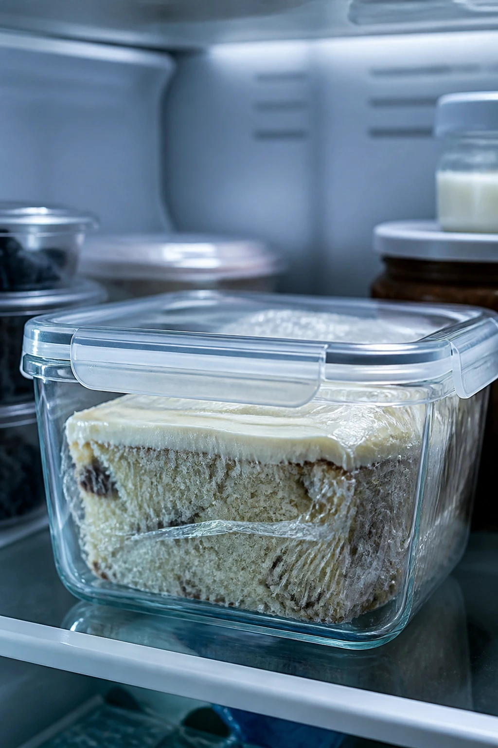 Frosted cake in airtight container in fridge