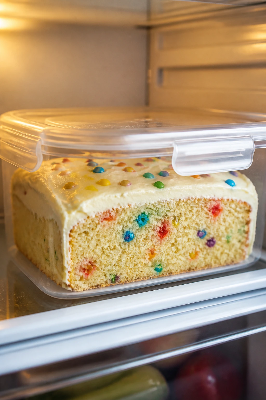 Close-up of vanilla cake in airtight container inside fridge, cream cheese frosting visible