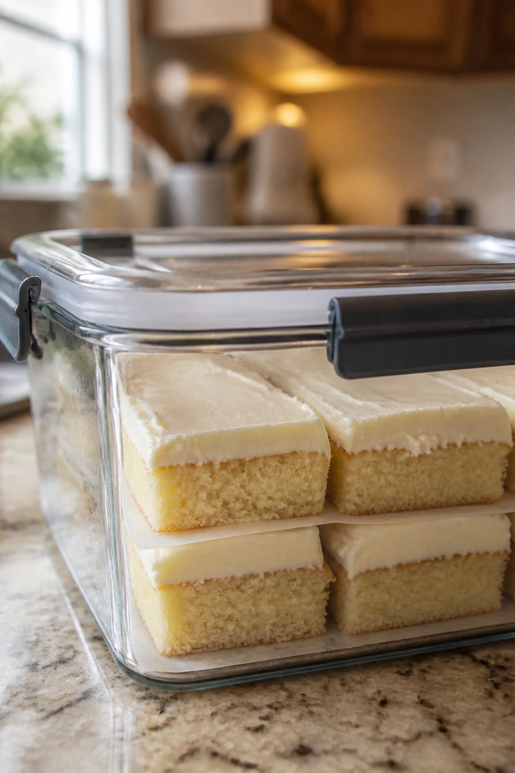 Frosted vanilla sheet cake in airtight container on kitchen counter
