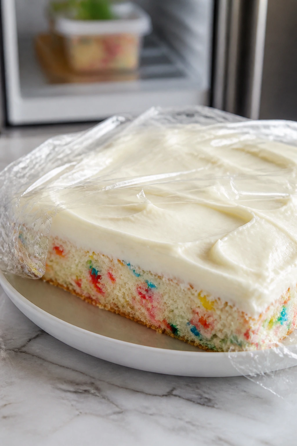 Cake on plate partially wrapped in plastic wrap for storage