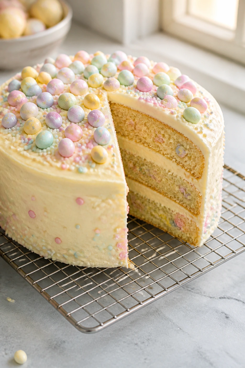 Pastel candy cake on a cooling rack in warm kitchen