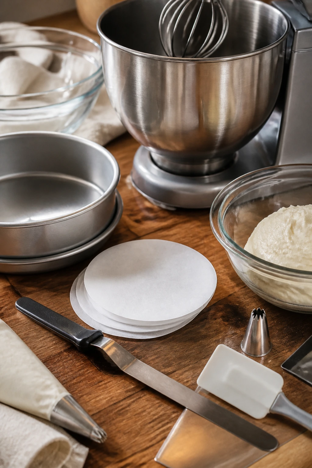 Close-up of essential cake tools on a wooden counter