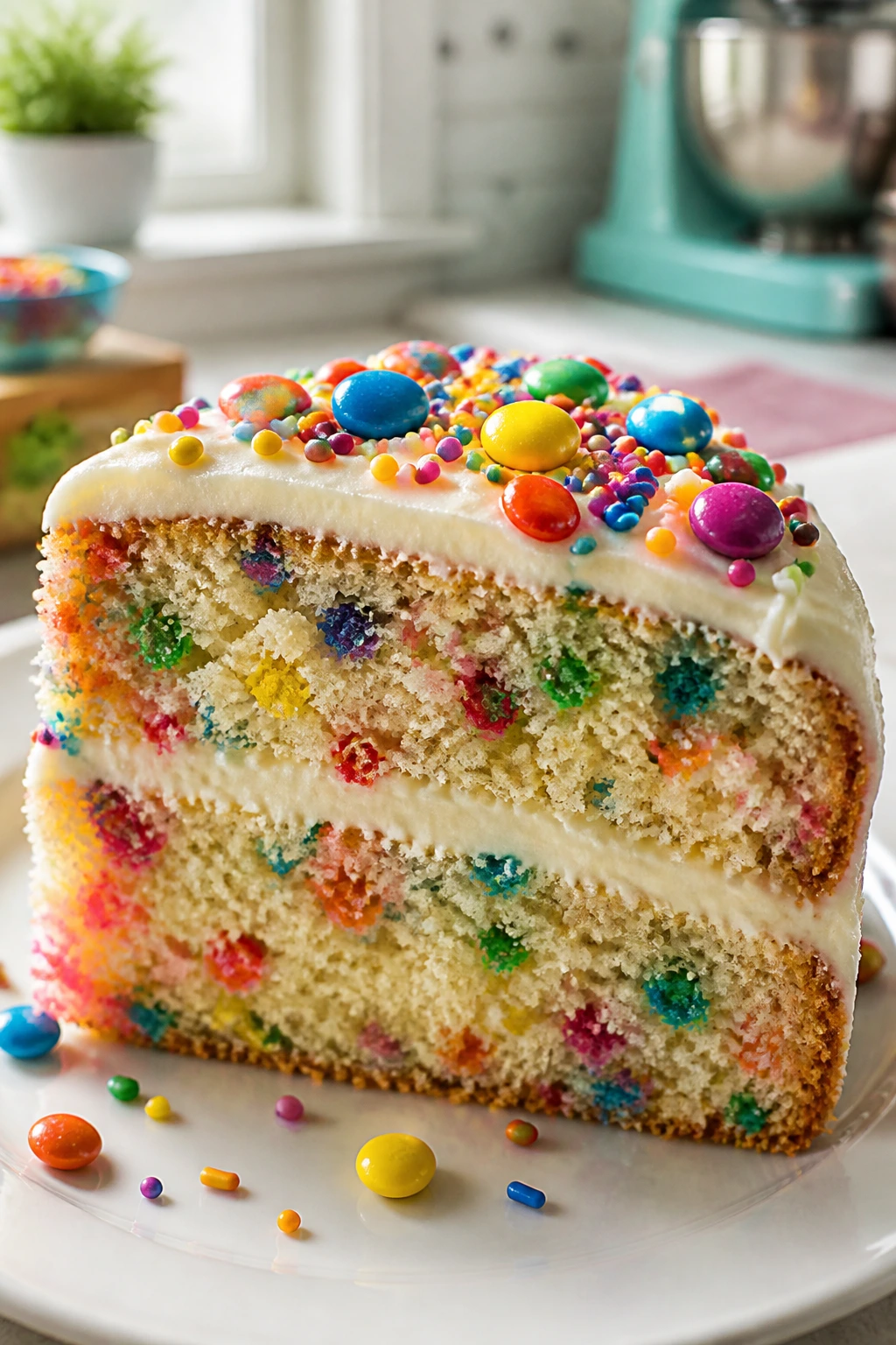 Rainbow candy cake slice with candy pieces and sprinkles
