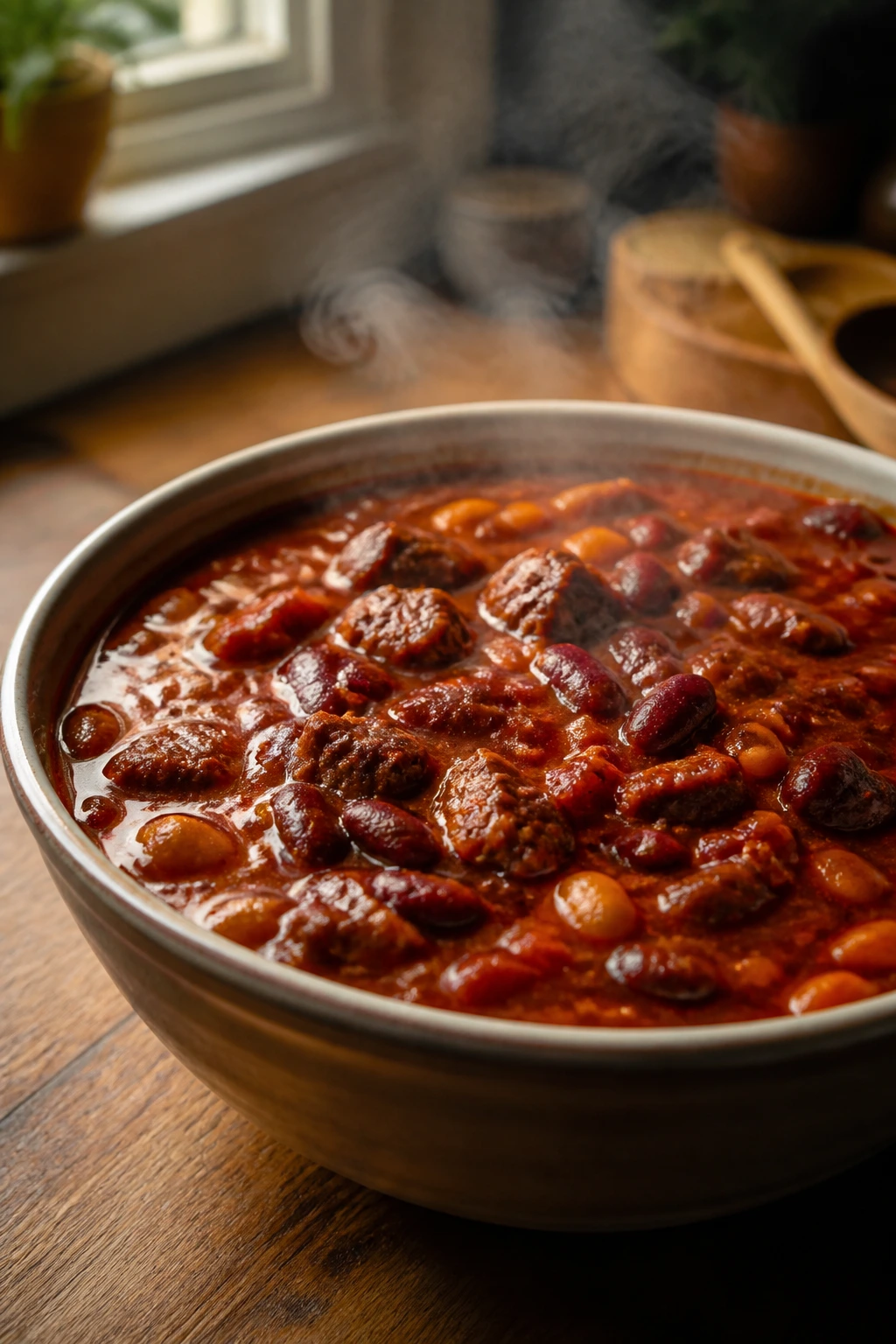 Steaming bowl of Calabrian chili with beef and beans