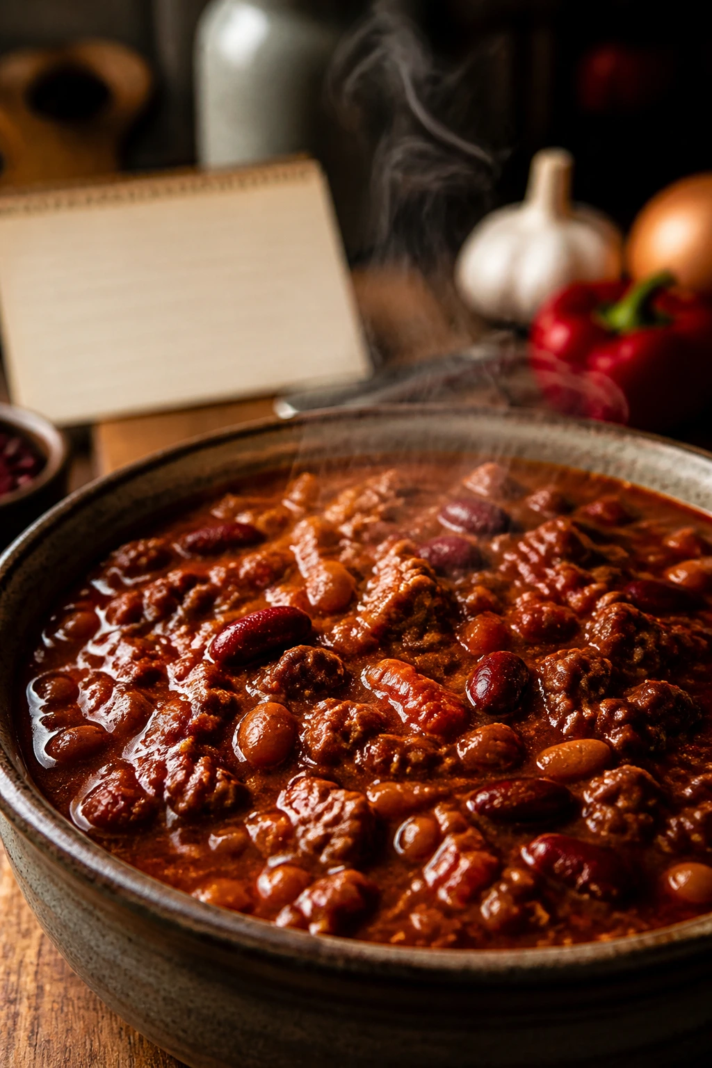 Beef chili with Calabrian paste in a bowl, cozy kitchen background
