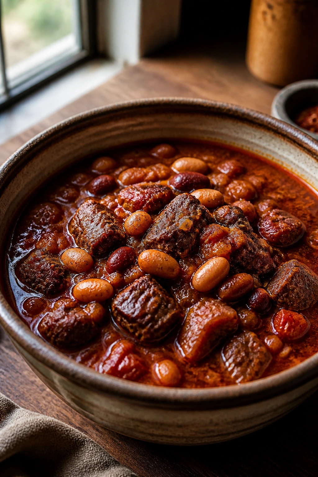 Close-up of Calabrian chili in rustic bowl with brick-red broth, beans, and meat